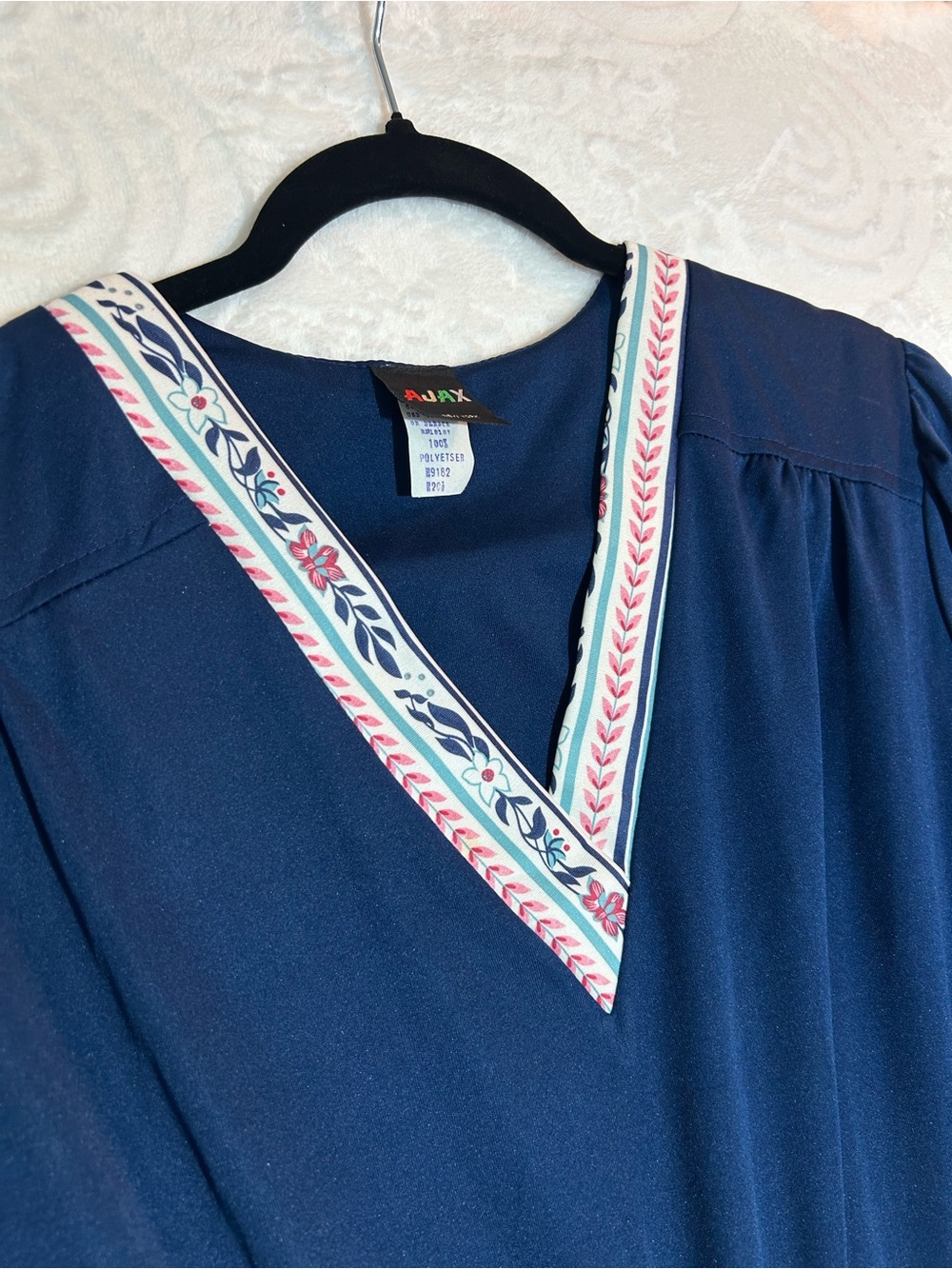 Vintage AJAX Navy Long-Sleeve V-Neck Dress with Floral Trim